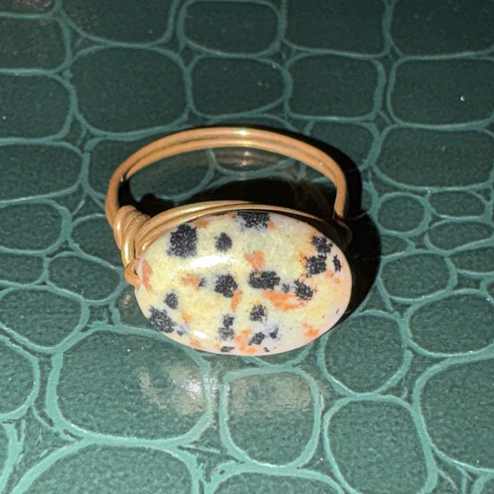 Gold Wire Wrapped Dalmatian Jasper Oval Ring - Orange & Black Stone